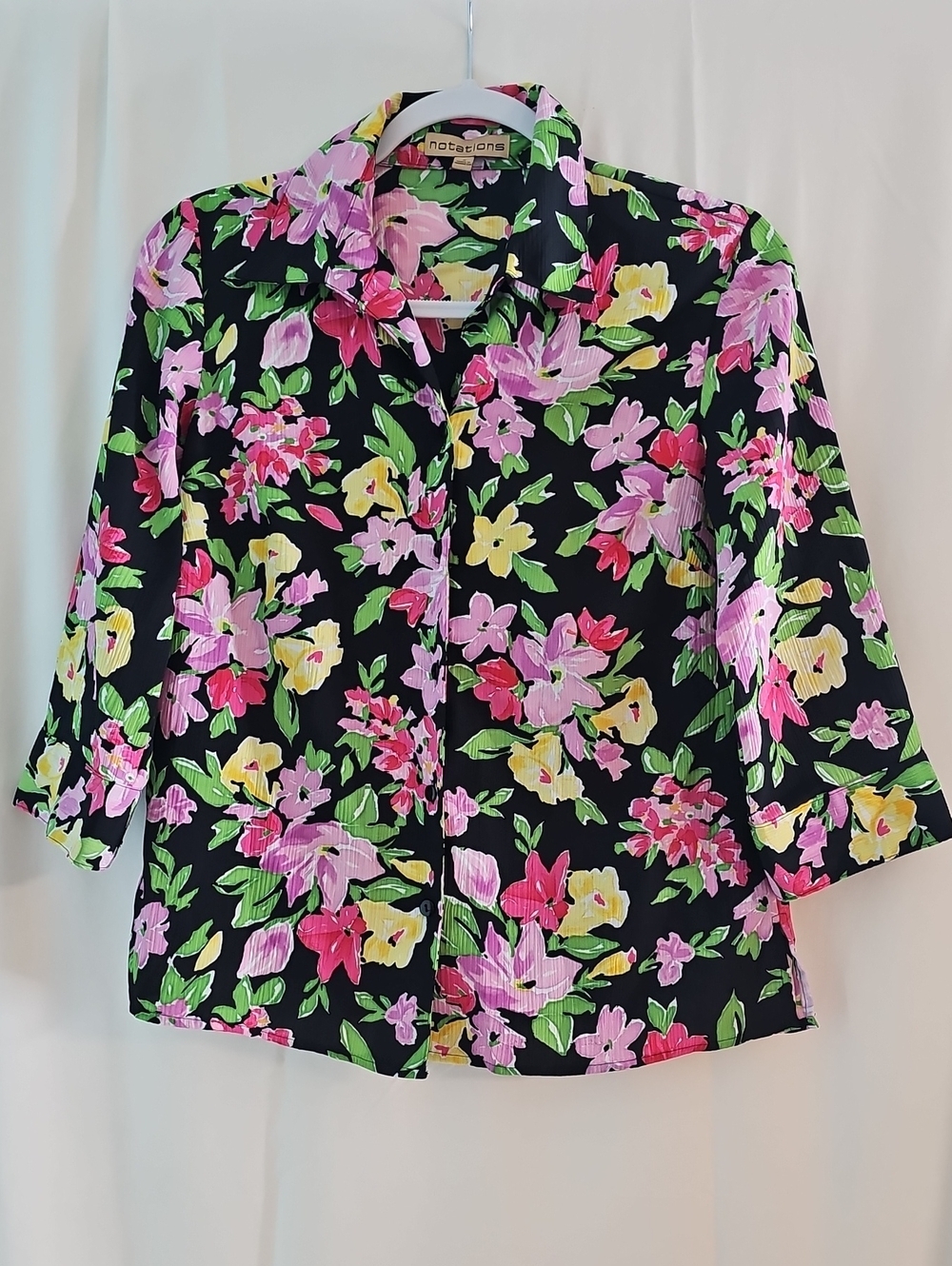 Notations Floral Button-Front Shirt in Black with Pink, Yellow & Green